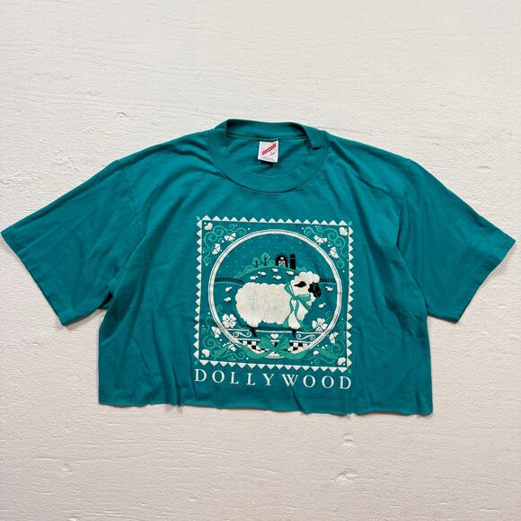 Upcycled Vintage 90s Dollywood Crop Tee Green Jerzees USA, Size Large - Picture 1 of 6